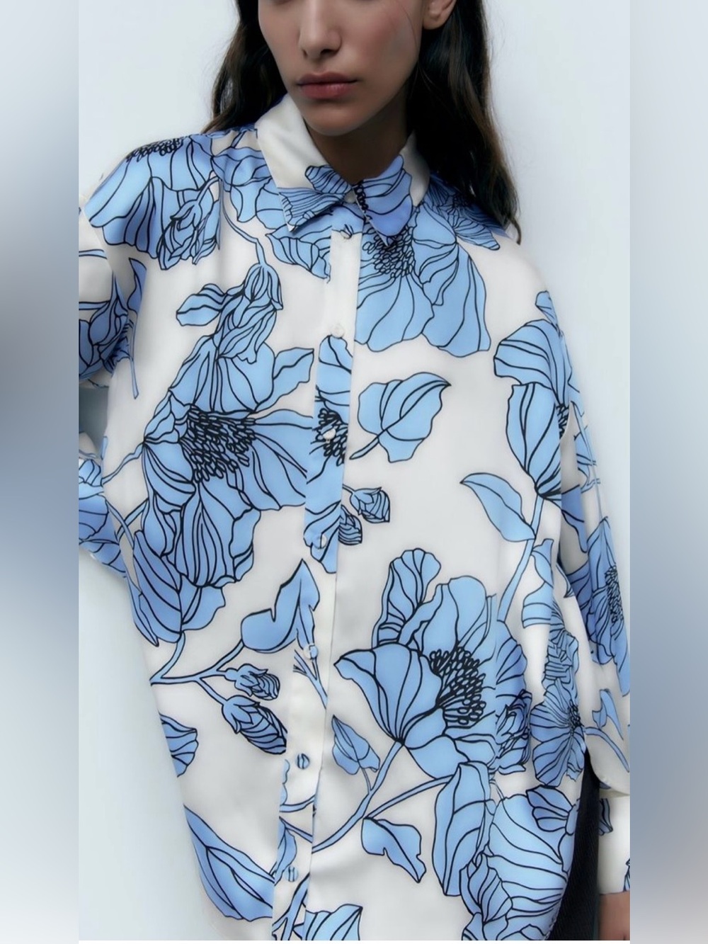 White Button-Up Blouse with Blue Floral Print